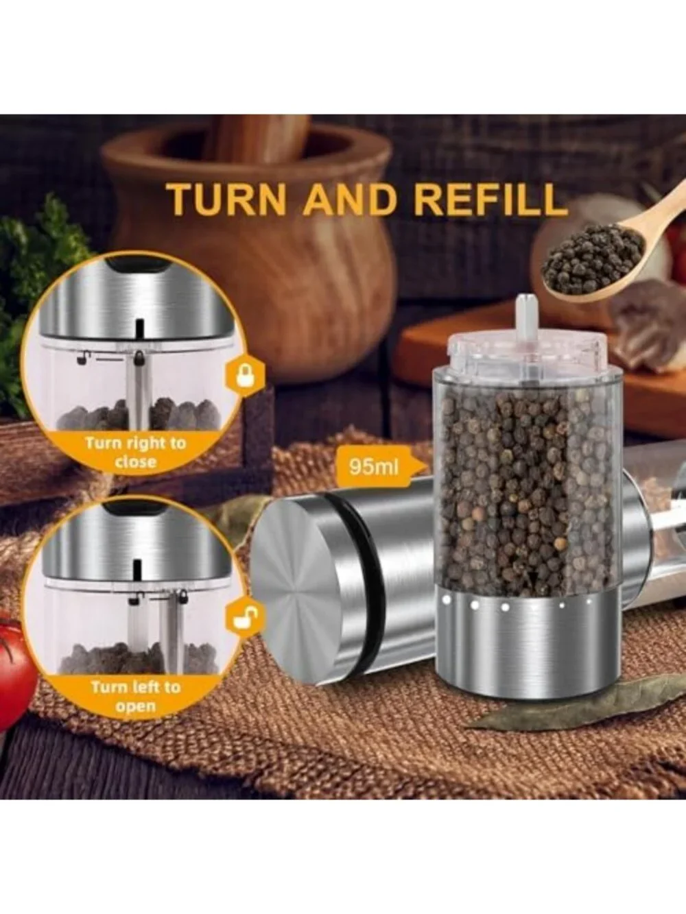 USB Rechargeable Electric Salt & Pepper Grinder Set, Adjustable Coarseness, LED